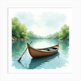 Charming Fishing Boat In Watercolor Serene River 1 Art Print