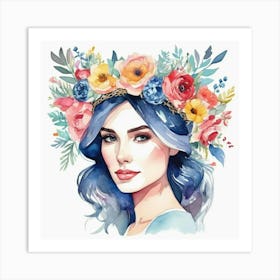 Watercolor Girl With Flowers Art Print