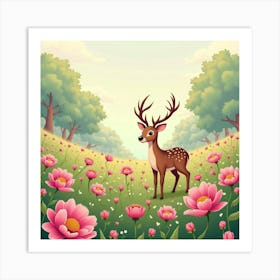 Deer In Blooming Peony Meadow 1 Art Print