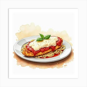 Watercolor Sketch Of A Classic And Flavorful Chicken Parmesan On A Chic Kitchen Countertop Art Print