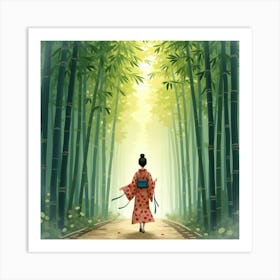 Japanese Woman Walking Through A Bamboo Forest At Dawn, The Air Misty And Serene, Watercolor Painting Art Print