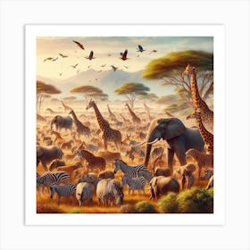 Giraffes And Zebras In Africa Art Print