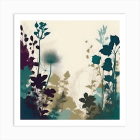 Silhouette of Botanical Illustration, Turquoise, Burgundy and Green Art Print