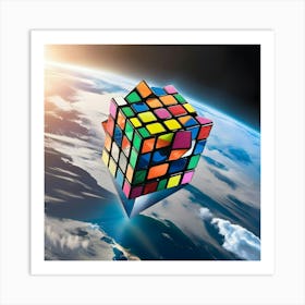 A Majestic Rubik S Cube, With Vibrant Stickers Reflecting A Kaleidoscope Of Colors, Hovers Over Planet Earth 2 Art Print