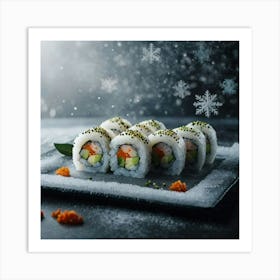 Sushi On A Plate With Snowflakes Art Print