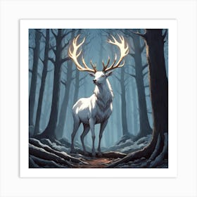 A White Stag In A Fog Forest In Minimalist Style Square Composition 17 Art Print
