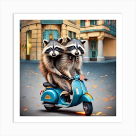 Raccoons On A Scooter Art Print