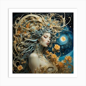 Woman With Flowers In Her Hair Art Print