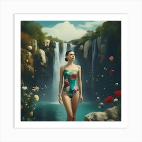 Woman In A Swimsuit And Waterfall Art Print