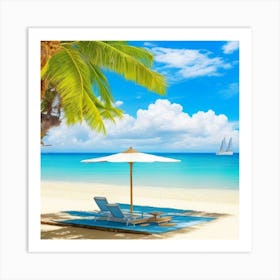 Beach With Umbrella And Palm Trees Art Print