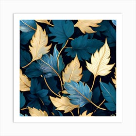 Gold And Blue Leaves Seamless Pattern Art Print