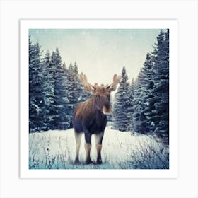 Firefly Scandinavian, Art, Illustration, Serene, Winter, Forest, Baby, Moose, Snowy, Clearing, Antle (1) Art Print