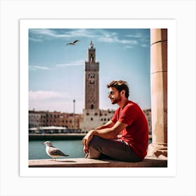 Man In Red Sitting On A Ledge Art Print