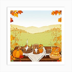 An Illustration Of A Thanksgiving Inspired Table Set Against An Autumn Nature Backdrop Showcasing A (2) Art Print