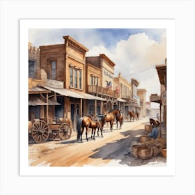 Western Town In Texas With Horses No People Watercolor Trending On Artstation Sharp Focus Studi (2) Art Print