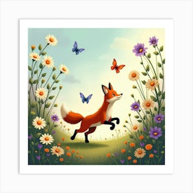 A Playful Fox Chasing Butterflies Through A Garden Of Towering Daisies And Violets Art Print