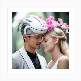 Bride And Groom Wearing Helmets Art Print
