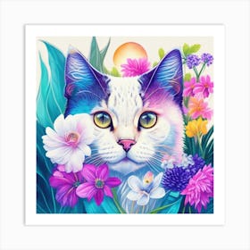 Cat In Flowers Art Print