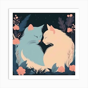 Silhouettes Of Cats In The Garden At Night, Blue And Peach Art Print