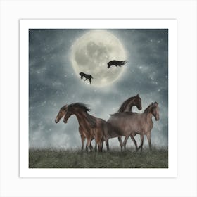 Horses In The Moonlight Art Print