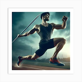 An Athlete Throwing A Javelin On A Sports Field 2 Art Print