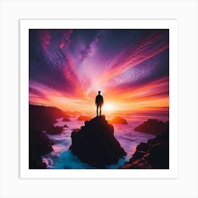 Man Standing On Rocks At Sunset Art Print