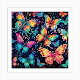 Colorful Butterflies On A Black Background Art Print