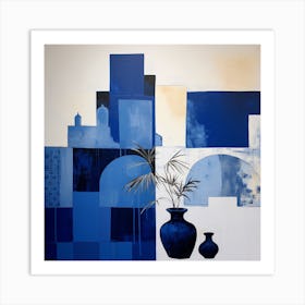 Abstract Minimalist Contemporary Art Print - Blue & White Plant Pots Art Print