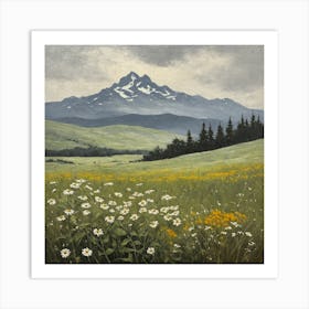 Vintage Oil Painting of Wild Flowers in a Meadow, Mountains in the Background 19 Art Print