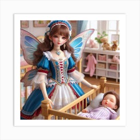 Fairy Doll looking over a baby sleeping  Art Print