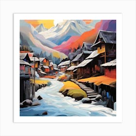 Abstract painting snow mountain and wooden hut 7 Art Print