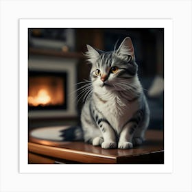 Cat Sitting In Front Of Fireplace Art Print