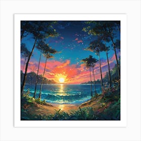 Majestic Sunset Over a Tranquil Beach Encircled by a Lush Forest Art Print