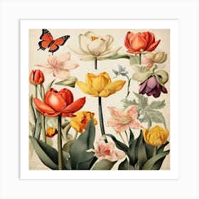 Tulips And Butterflies 4 Art Print