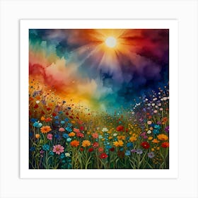 Radiant Bloomscape: Sunset In The Meadow Art Print