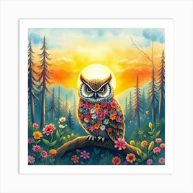 An Owl With Feathers Made Of Flowers, Sitting In A Bright Watercolor Forest At Sunset Art Print