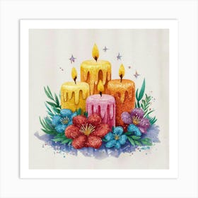 Watercolor Candles And Flowers Art Print