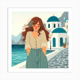 Beautiful Girl in Greece Illustration Art Print