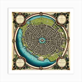 A Vintage Map, Of A Historic City With Ornate Borders And Labels art print 20 Art Print