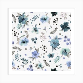 Countryside Watercolor Floral Blue Square Art Print