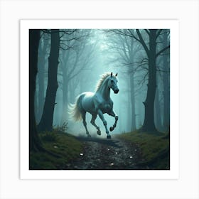 A Spectral Horse Galloping Through A Foggy, Enchanted Forest 1 Art Print