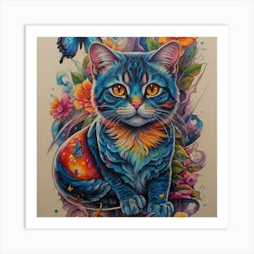 Blue Cat With Butterflies Art Print