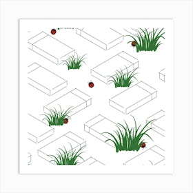 Ladybugs and Matchboxes In the Grass, Pattern Art Print