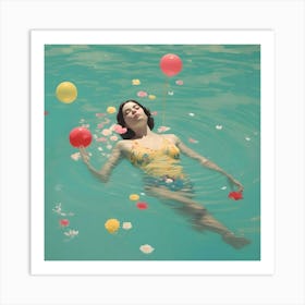 Woman Floating In Water With Flowers Art Print