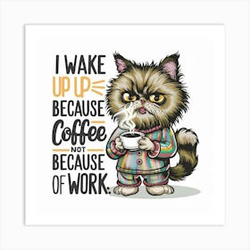 I Wake Up Because Of Coffee Not Because Of Work By Persian Furry Cat . Art Print