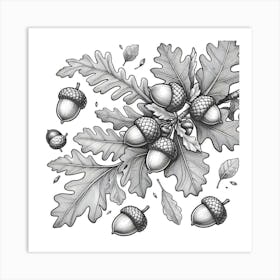 Line Art acorns and leaves Art Print