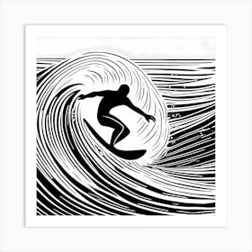 Linocut Black And White Surfer On A Wave art, surfing art, 262 Art Print