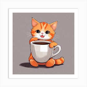 Cute Orange Kitten Loves Coffee Square Composition 27 Art Print