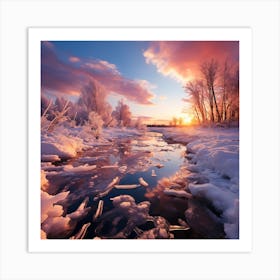 Sunset Over A Frozen River Art Print