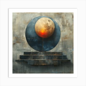  'Lunar Ascendancy', an evocative artwork that encapsulates the mystique of the celestial. A textured moon rises above geometric shapes, symbolizing the ascent of the cosmic against a backdrop of time-worn patina.  Celestial Mystique, Textured Moon Art, Geometric Cosmic.  #LunarAscendancy, #MoonArt, #CosmicDesign.  'Lunar Ascendancy' is an invitation to gaze beyond the terrestrial, offering a sophisticated and contemplative piece for any space. It's perfect for those who are drawn to the night sky, providing a fusion of astronomy and artistry that inspires wonder and introspection. Art Print